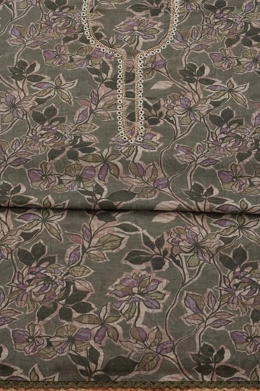 Soch Womens Olive Linen Floral Unstitch Dress Material With Beads And Stones