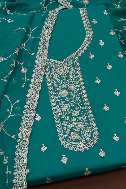Soch Womens Teal Chinon Embroidered Unstitch Dress Material With Sequins