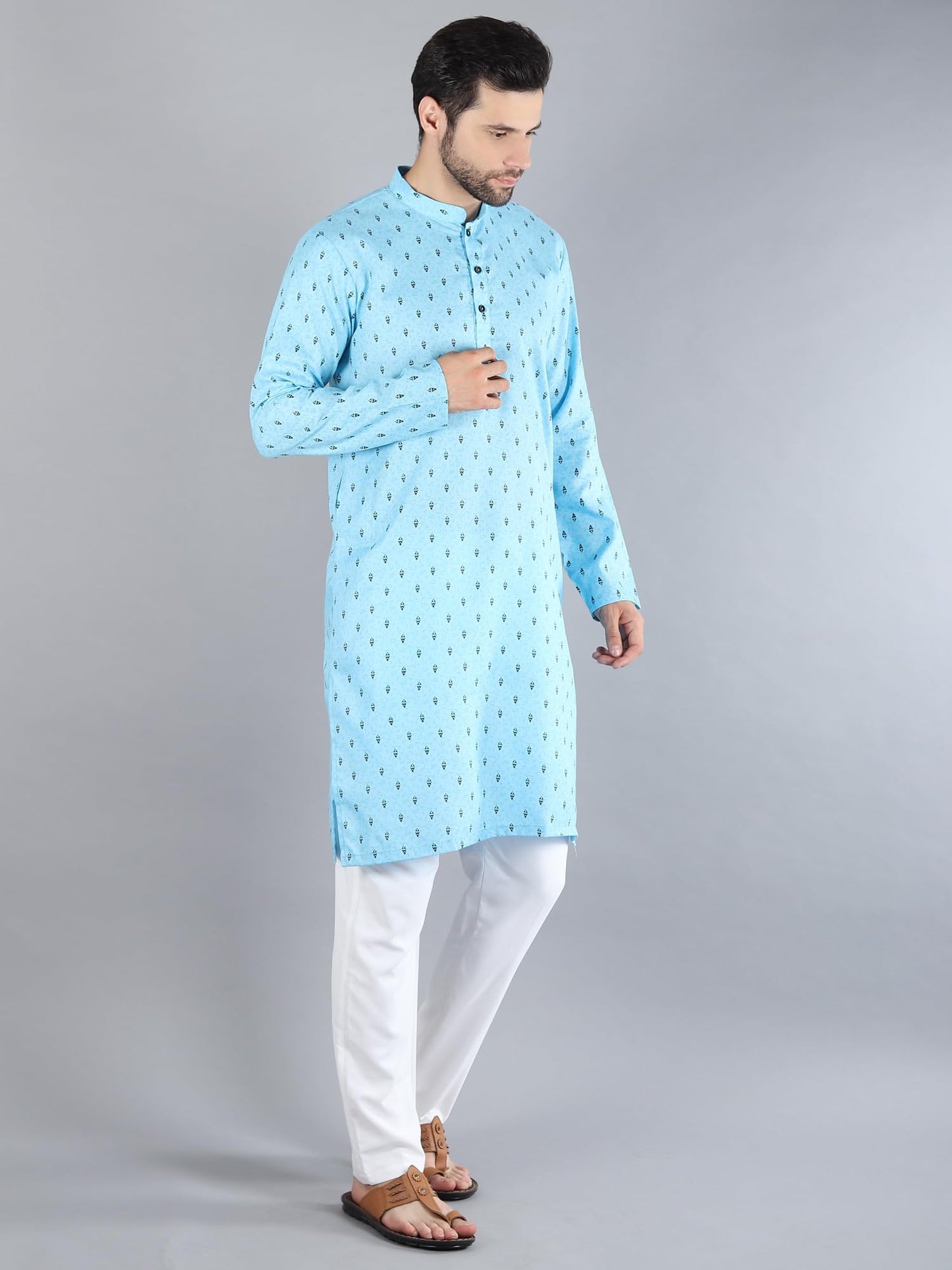 Uri and MacKenzie Mens Cotton Woven Casual Kurta Pajama set (46, Sky Blue Kurta & White Pant)
