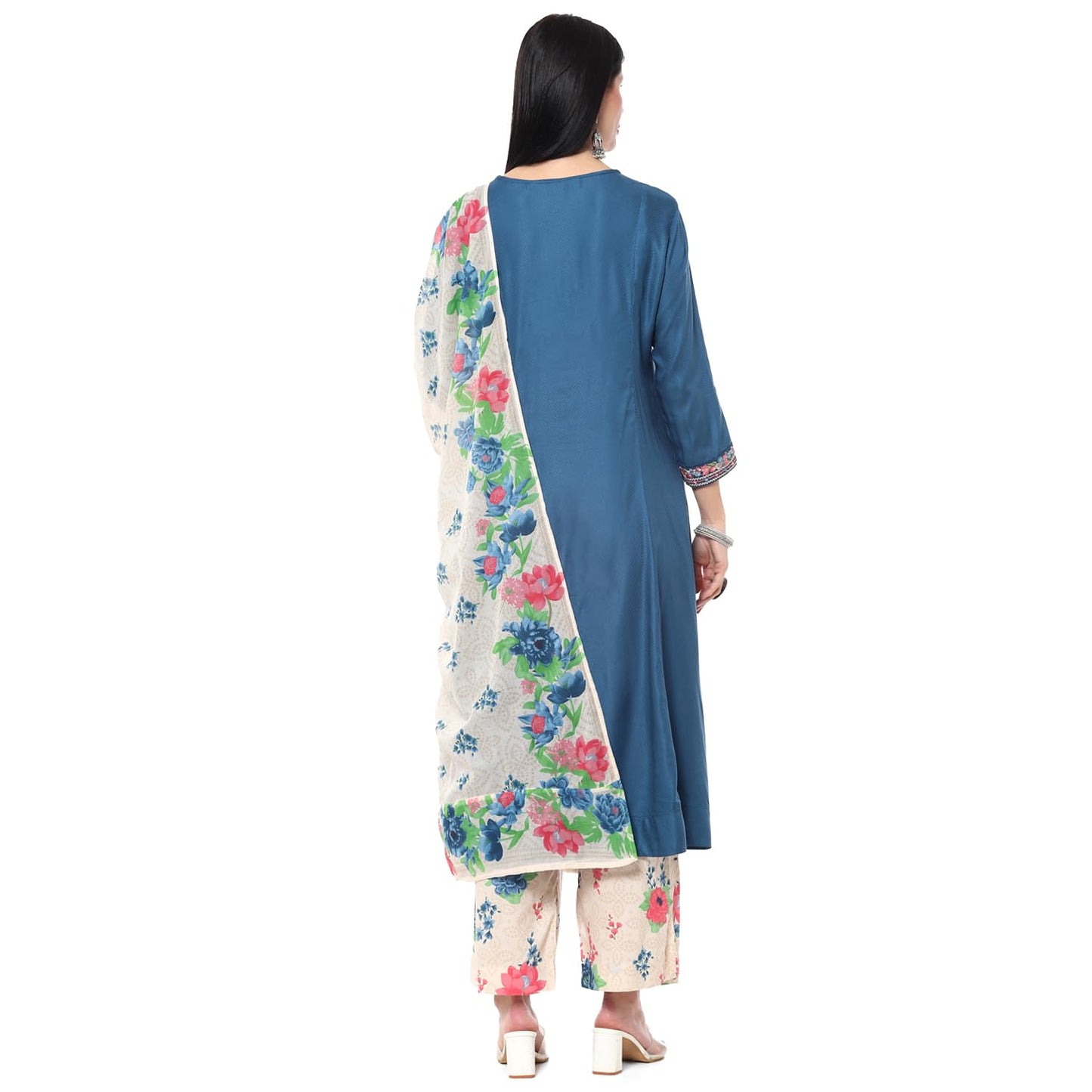 BIBA Women YARNDYED KALIDAR SALWAR KURTA DUPATTA(SKDKIAARA9445_TEAL_38)