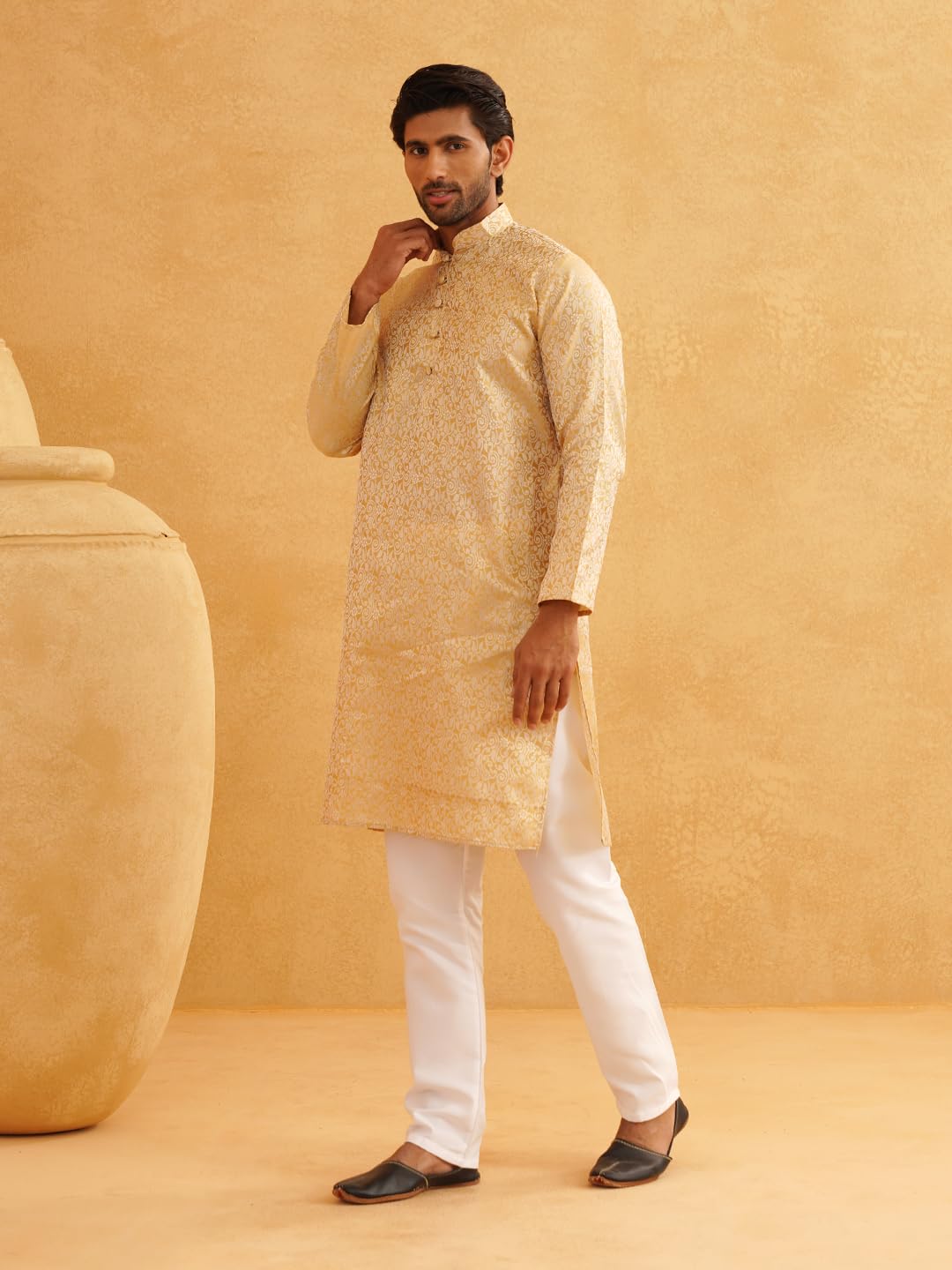 SOJANYA (Since 1958 Men's Silk Blend Gold Kurta & Off White Churidar Pyjama Set Size 44