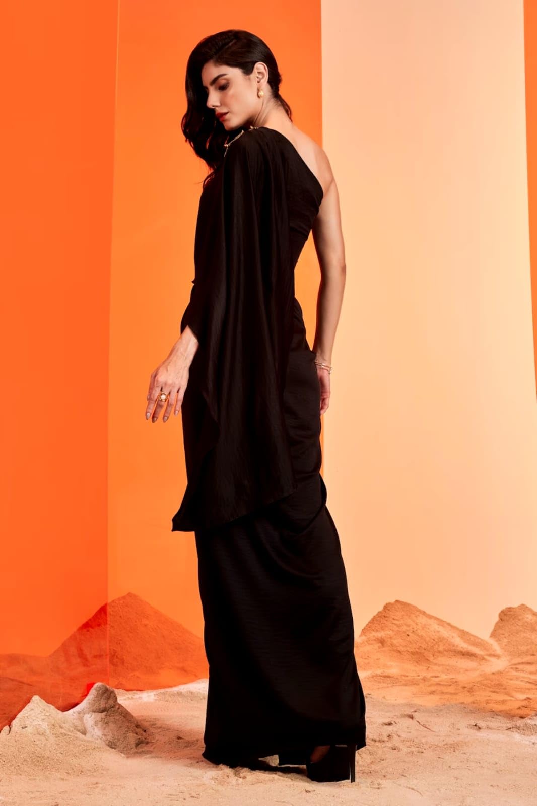 HarLiv One Shoulder Black Saree Gown Women - Party, Cocktail, Wedding Dress (Black) XS