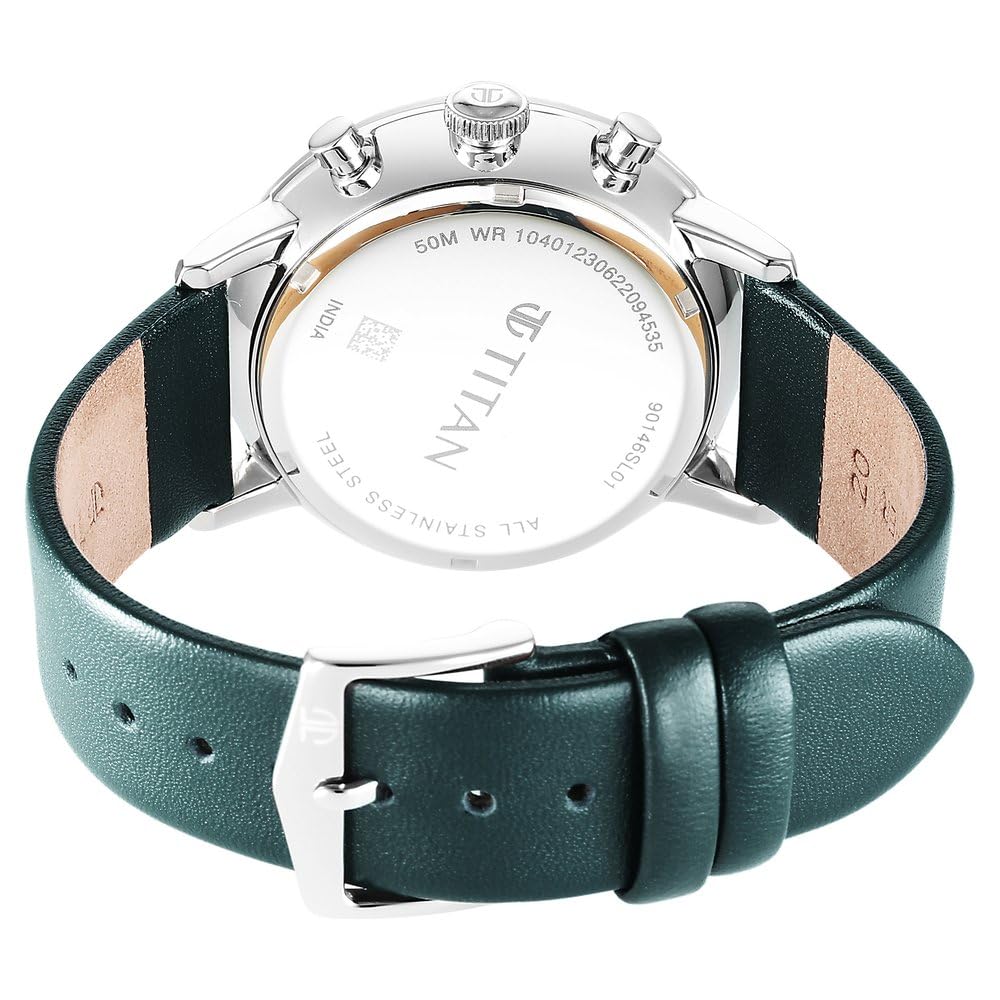 Titan Infinity Display Quartz Chronograph with Date Silver Dial Dark Teal Green Leather Strap Watch for Men - NT90146SL01