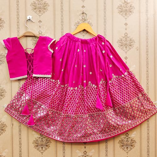 Helene Girls Taffeta Silk Embroidered Lehenga Choli South Indian Traditional Dress Kids Ethnic Wear Full Stitched Lehenga Choli Set (Pink, 7-8 Years)