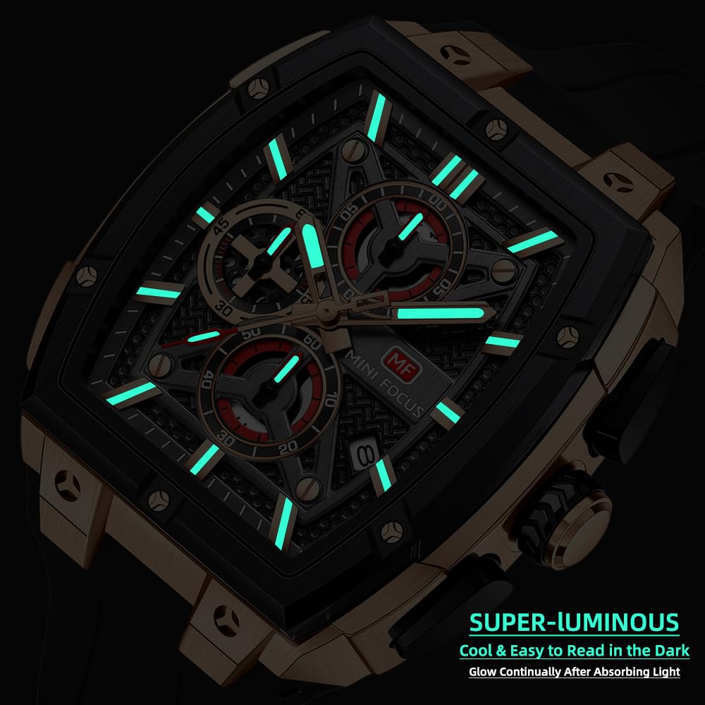 MF MINI FOCUS Men's Watch Analog Waterproof Fashion Date Wrist Watch, Skeleton Tonneau Watch for Men with Chronograph,Ideal for Sports Enthusiasts and Daily Wear - Perfect Gifts for Men, Silver