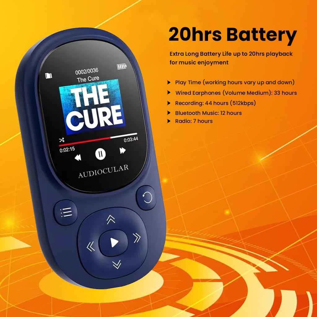 AUDIOCULAR M11 16GB MP3 Digital Player with Clip, Portable Bluetooth Music Player Support Upto128GB External Storage, Pedometer, FM Radio, Voice Recorder, E-Book, Stopwatch (16GB - Blue)