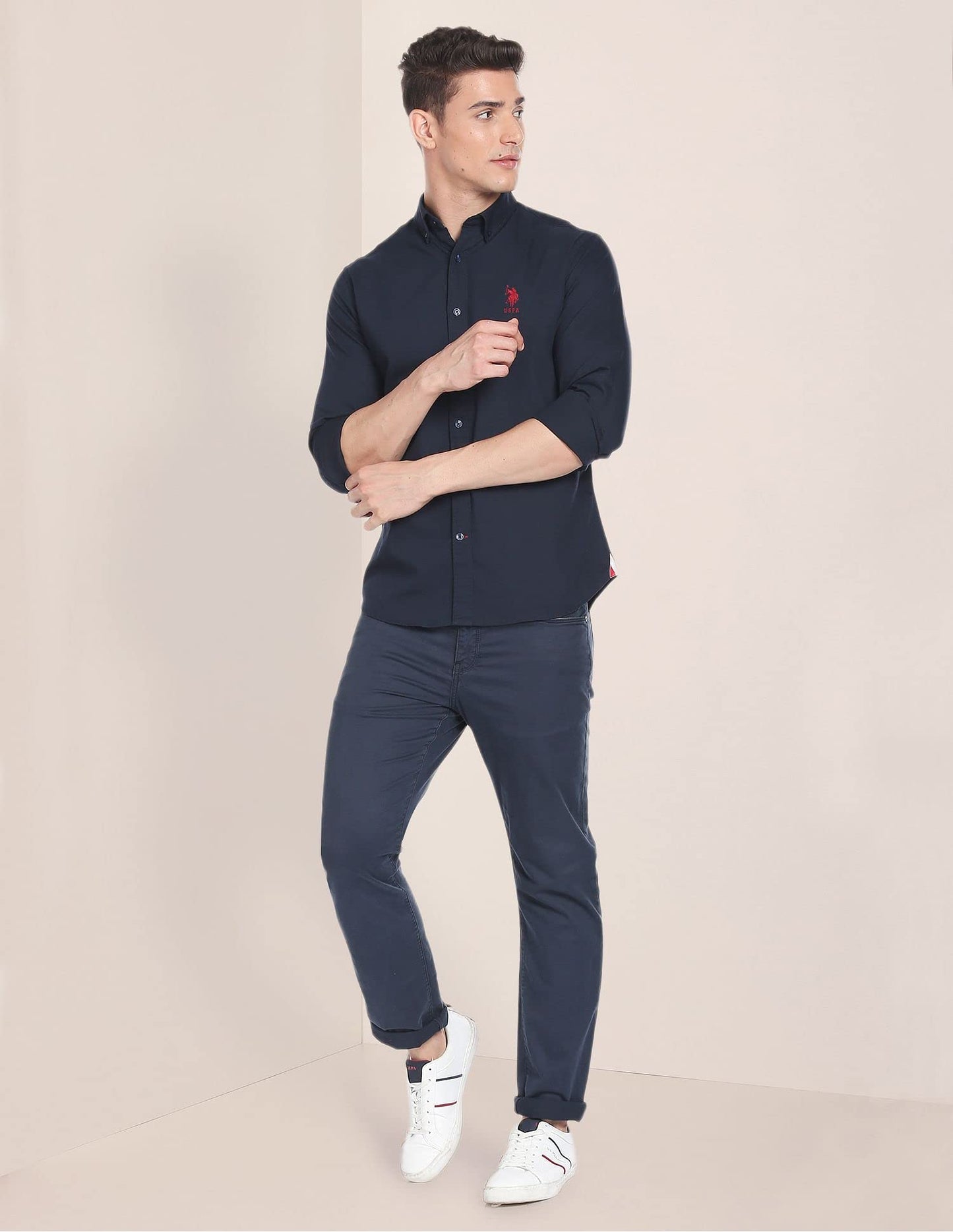 U.S. POLO ASSN. Men's Solid Slim Fit Shirt (USSHTFX0105_Navy