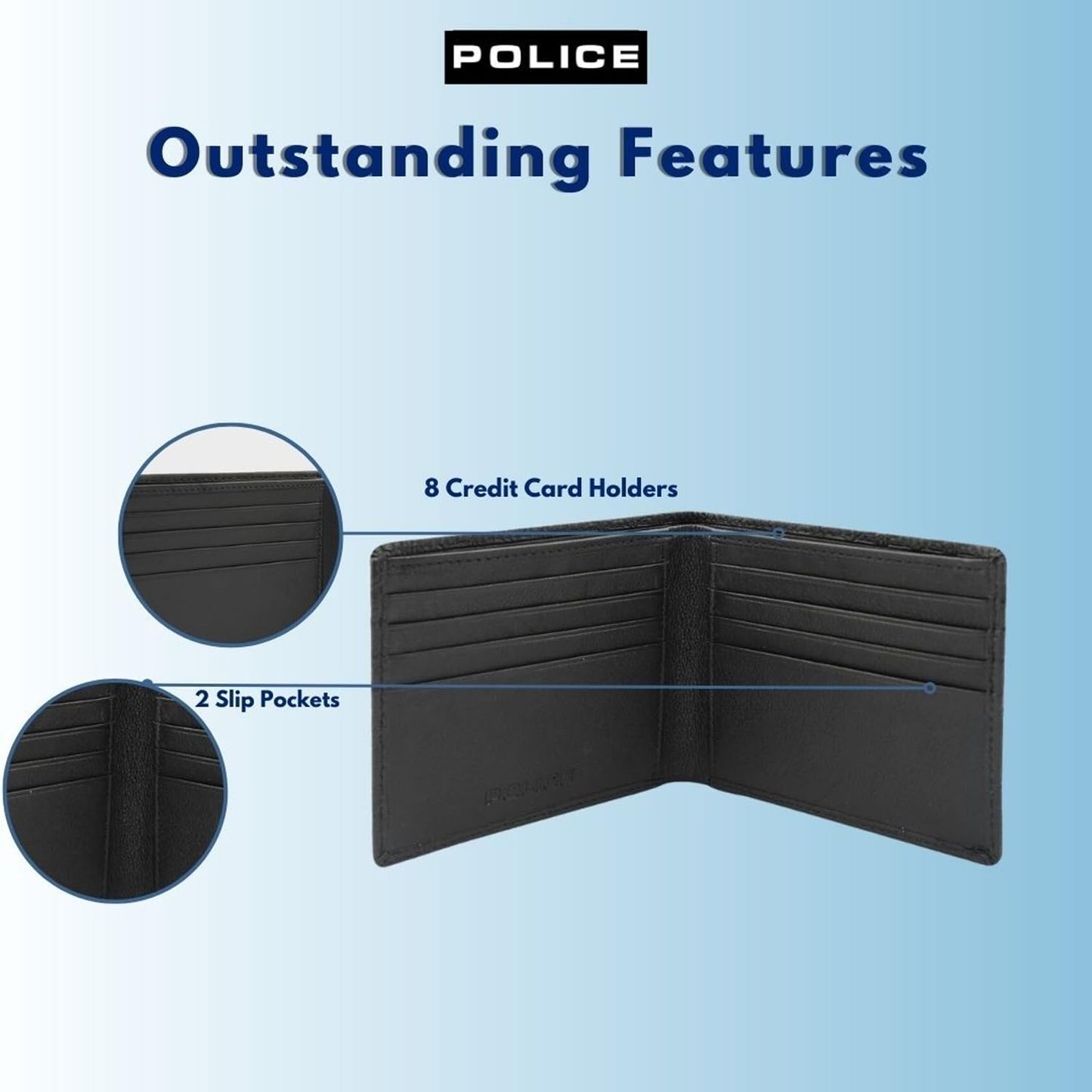 Police Waterline Men's Leather RFID Credit Card Wallet - Black