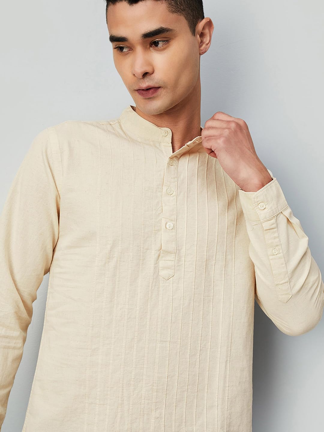 Max Men's Full Sleeves Mandarin Collar Solid Slim Fit Cotton Kurta Beige