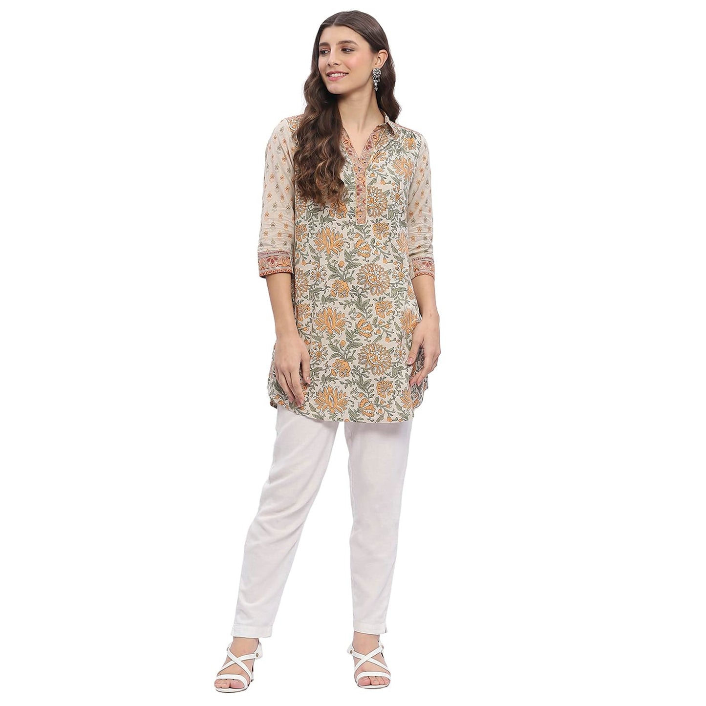 BIBA Women's Honey Beige Cotton Printed Shirt_42