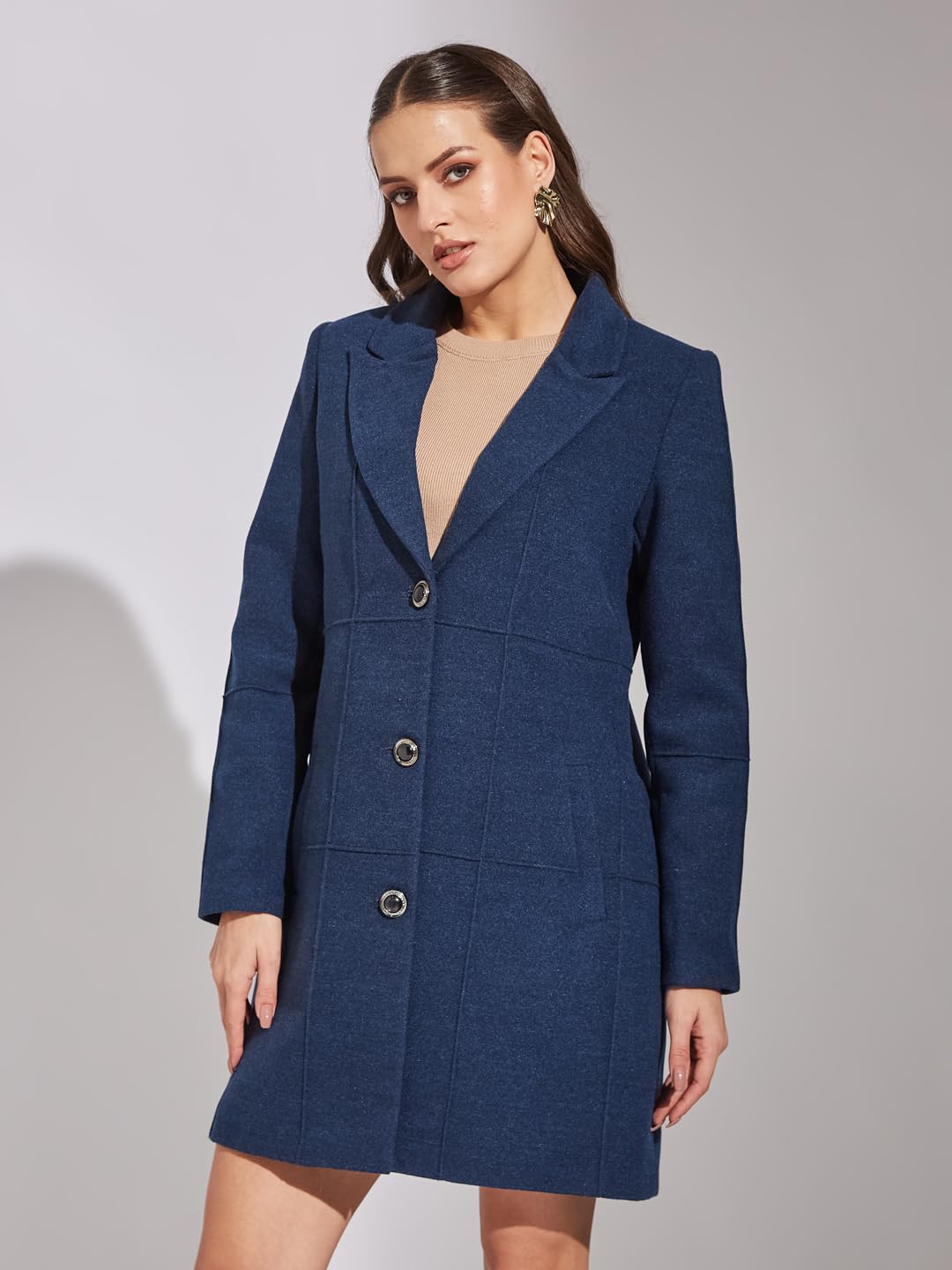 Latin Quarters Women Blue Full Sleeve Casual Solid Coat_M