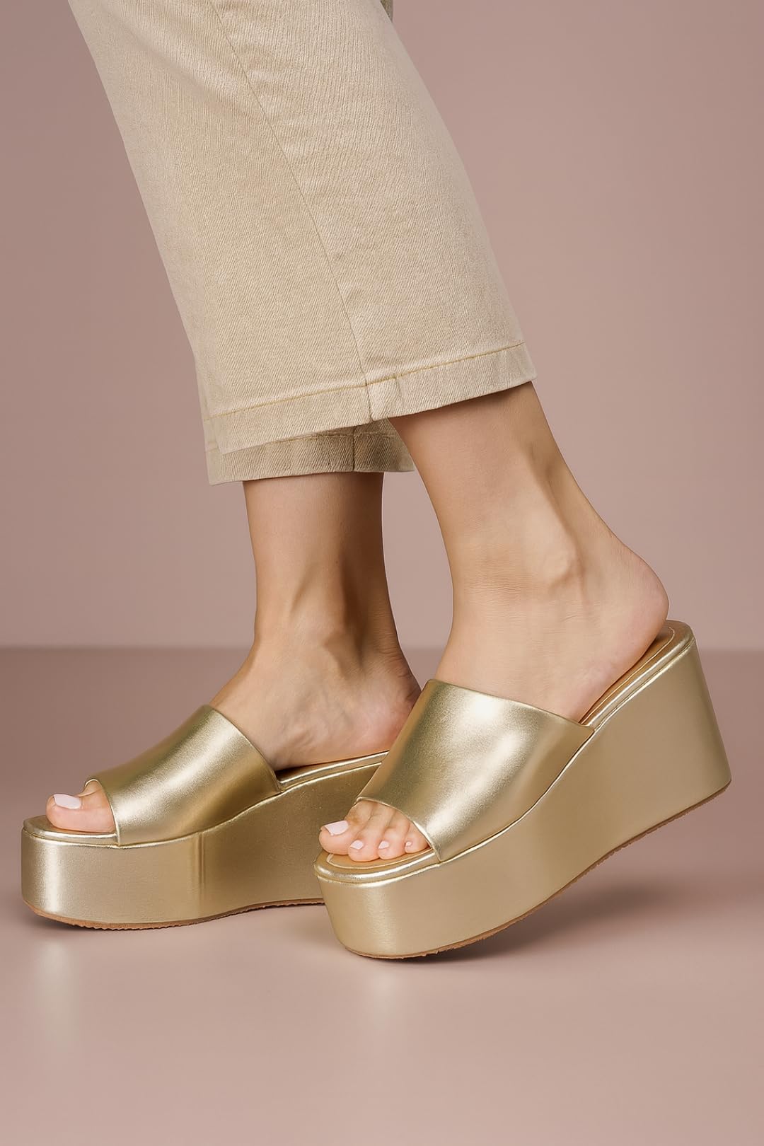 GLEMATOZ Women's Golden Stylish Wedge Sandal Elegant Open-Toe || Party & Casual Footwear Comfortable Mid-Heel Slip-On EU-35