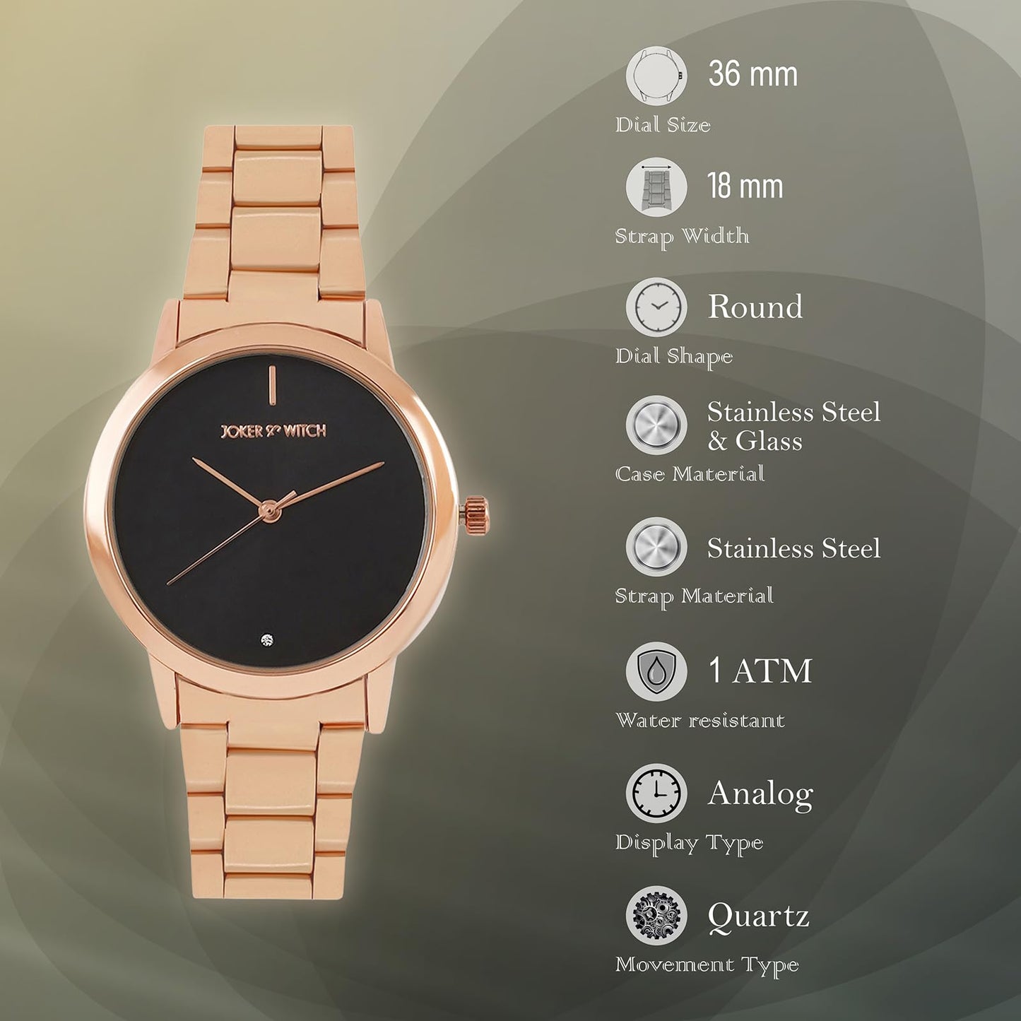 Joker & Witch Midnight Black Dial Rose Gold Stainless Steel Analogue Watch for Women