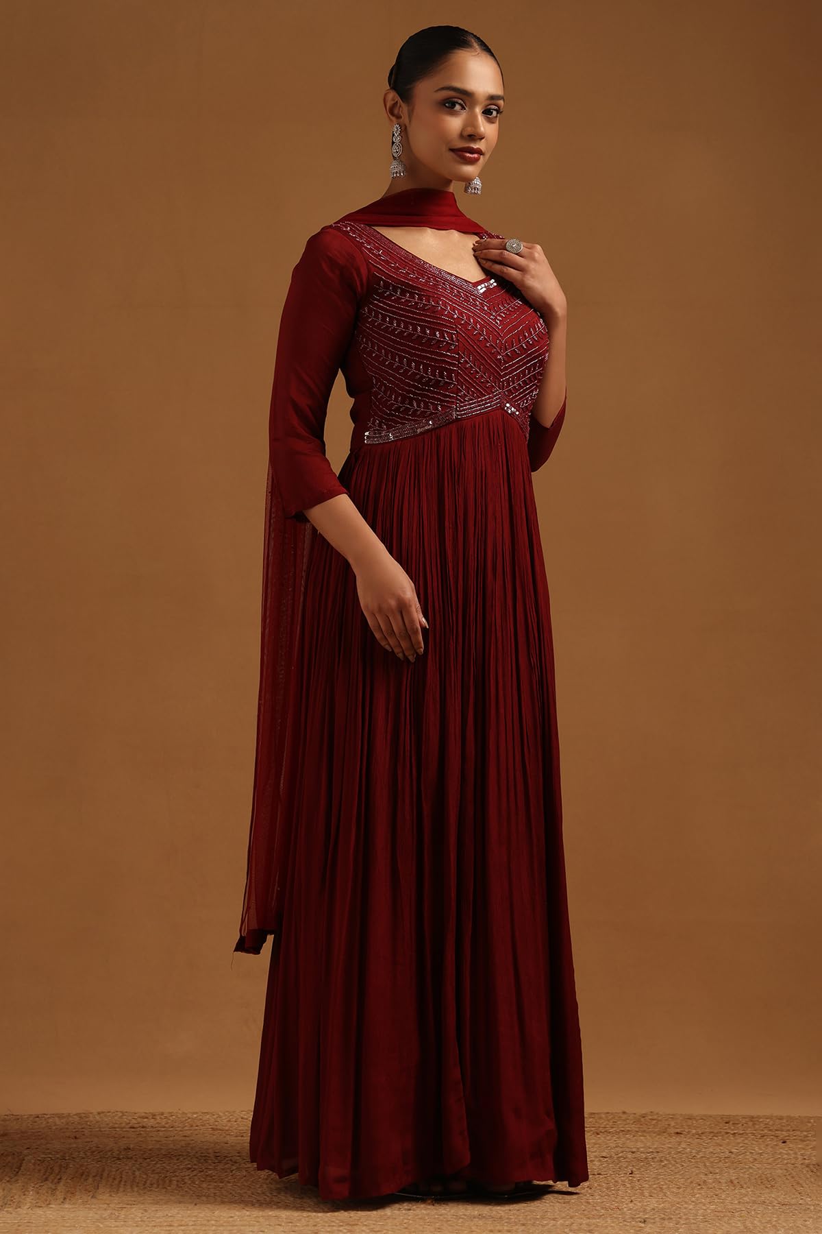 Soch Womens Maroon Chinon Embellished Gown with Cutdana