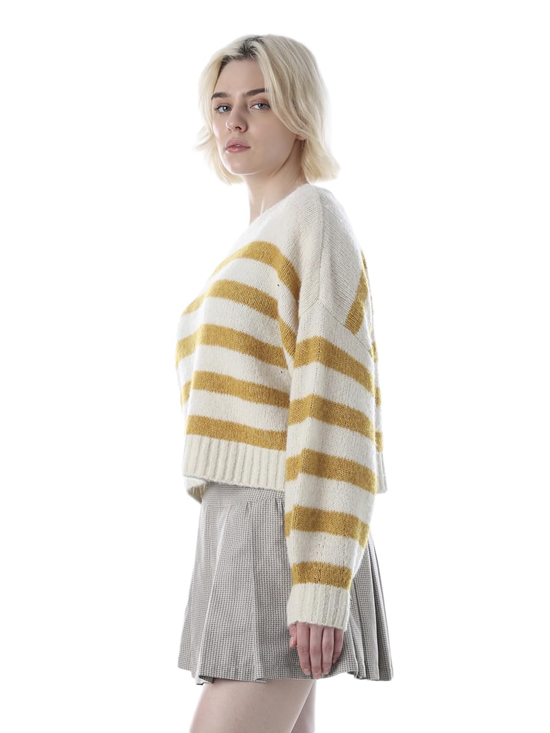 ONLY Women Striped Boat Neck Pullover with Fuzzy Detail