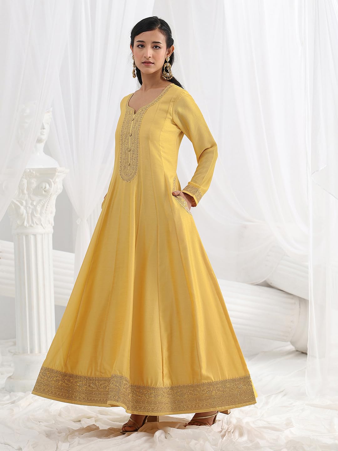 Libas Embroidered Silk Blend A-Line Ethnic Dress with Dupatta-93636M