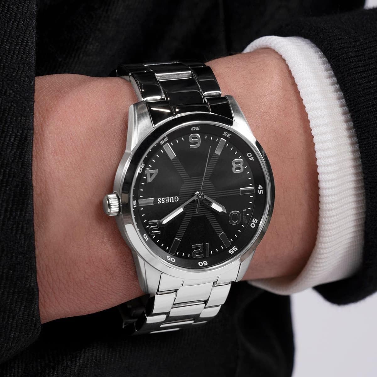 GUESS Stainless Steel Analog Black Dial Men's Watch-Gw0804G2, Band Color:Silver