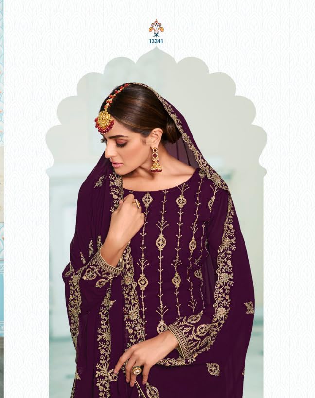 VUBA Women's Faux Georgette Embroidered Sequence Work Semi Stitched Top With Stitched georgette Sharara with Heavy Dupatta Straight Kurta Dress Material sharara suit set (VUBA-785, Purple)