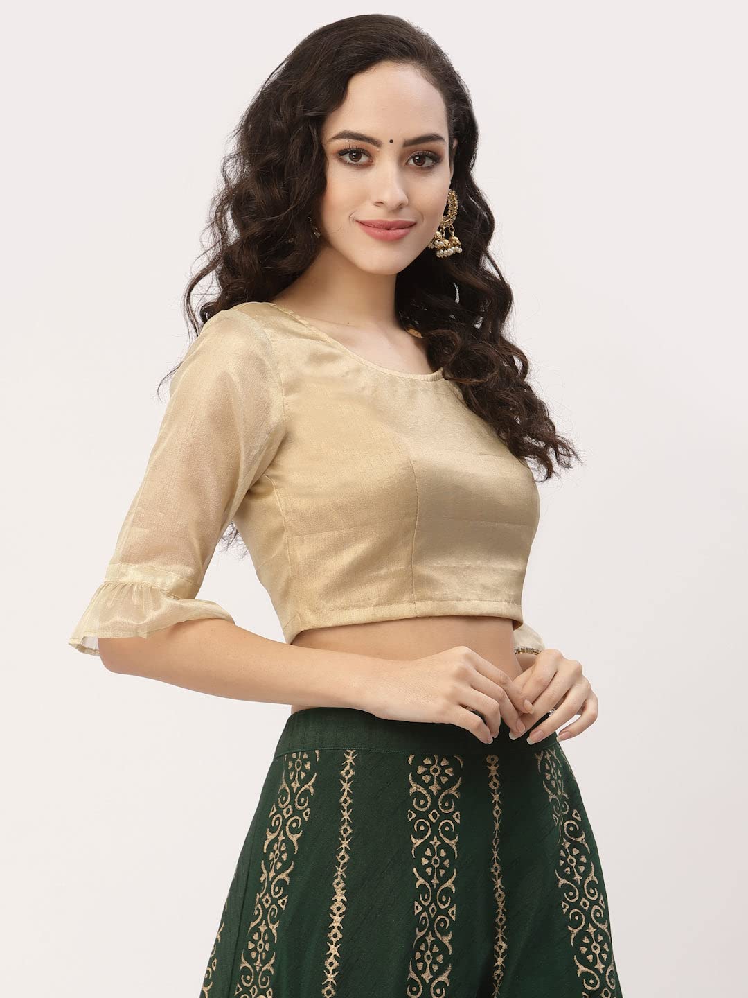studio rasa Women's Silk Tissue Sheer Sleeves Readymade Saree Blouse for Wedding Festive Party (TPWC42267BL_L_Gold_Large)