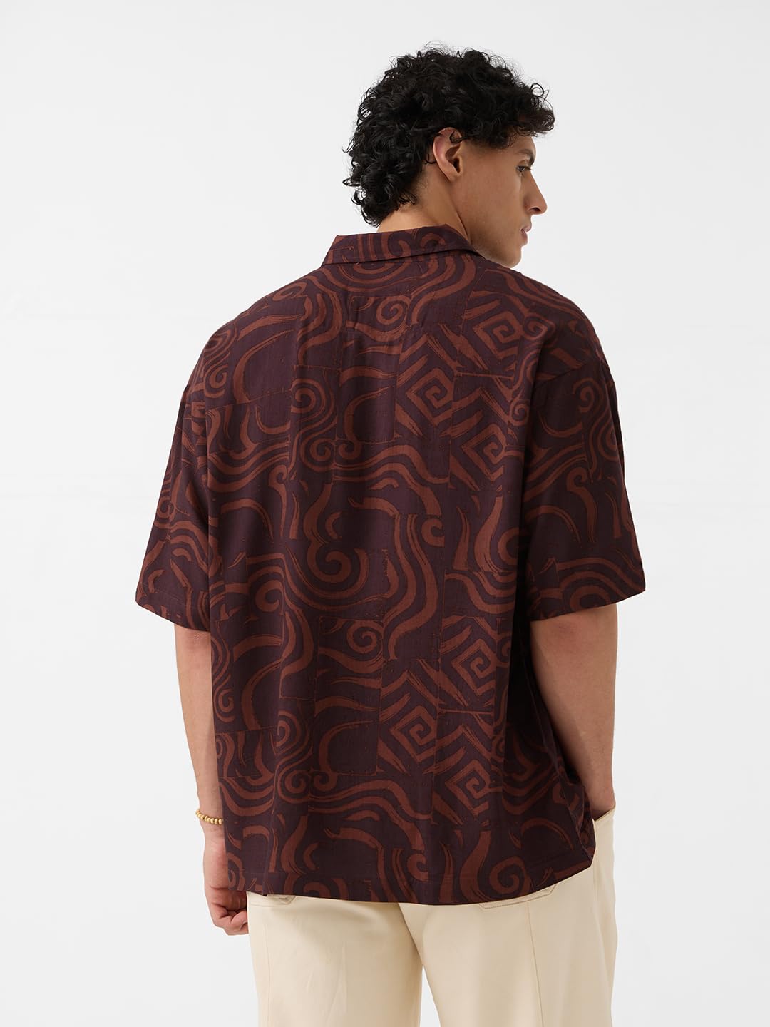 The Souled Store Avatar: Elements Men and Boys Short Sleeves Collared Neck Button Front Brown Embroidered Rayon Oversized Shirts