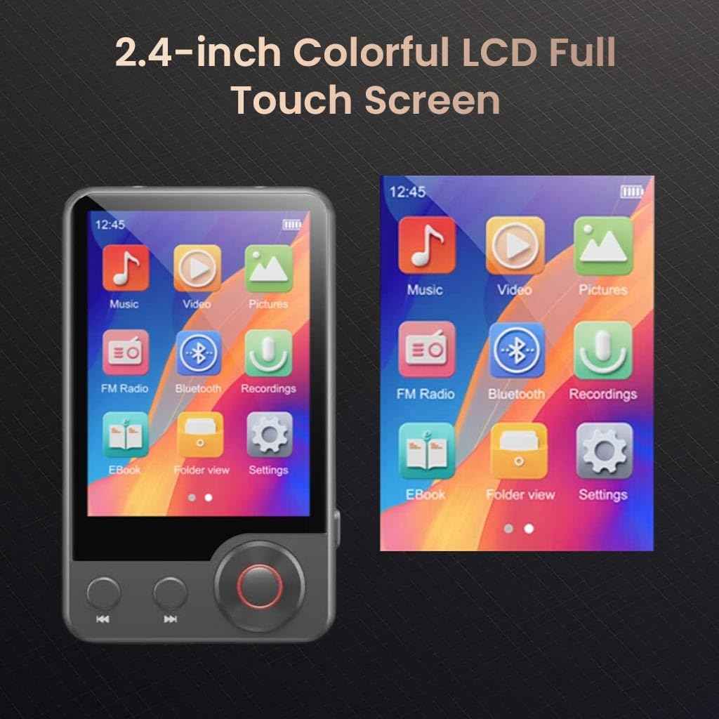 AUDIOCULAR M71 MP3 Music Player with Bluetooth 5.3, HiFi Speaker, 2.4” Touch Screen, 32GB Storage (Up to 128GB), Dual Audio Jack, Type-C Port, Video Playback, E-Book, Alarm, FM Radio etc. (32GB-Grey)