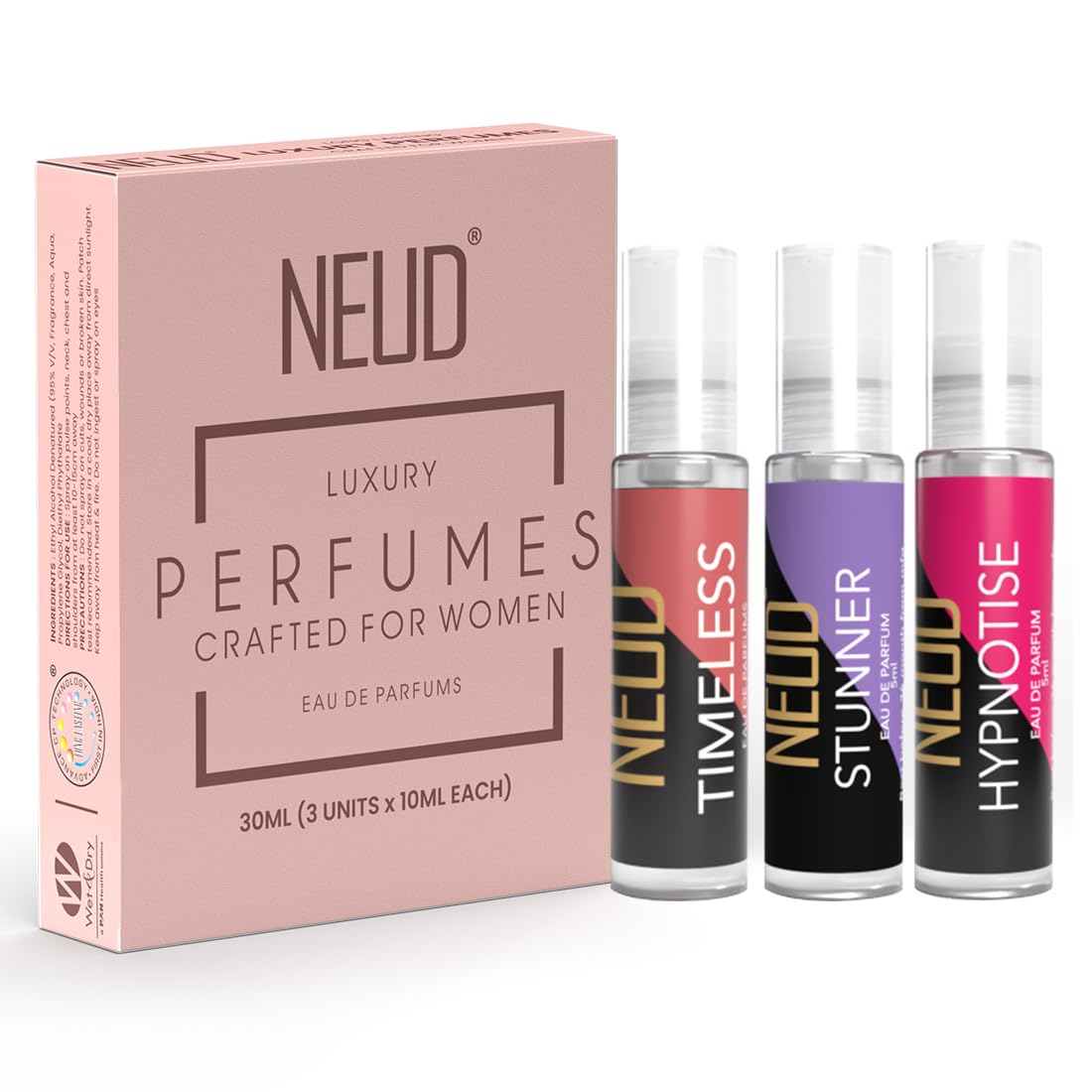 NEUD Luxury Perfume Gift Set 3 x 10 ml for Women, Long Lasting Fragrance, Travel Friendly EDP Perfume Kit, Birthday Gift for Girlfriend, Pocket Friendly
