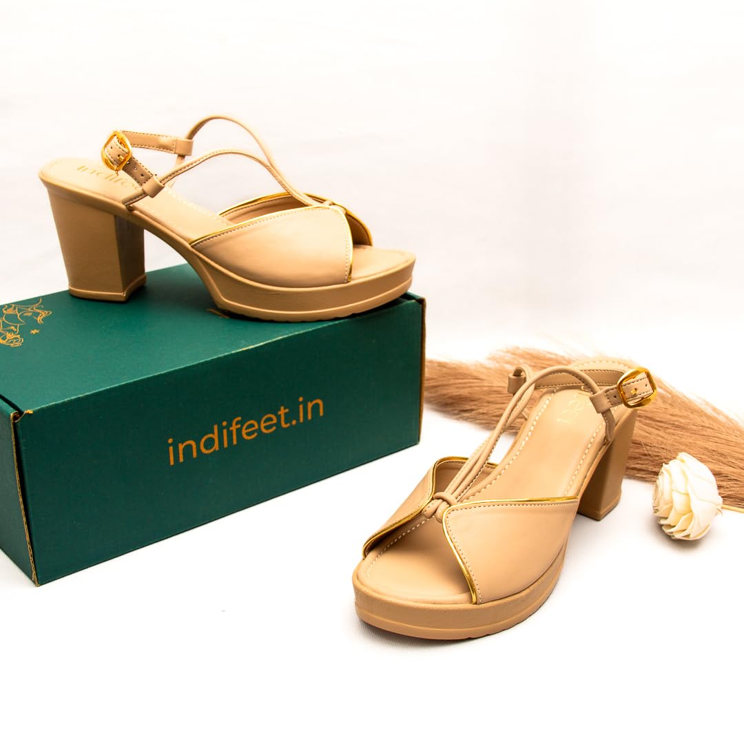 Indifeet Heels for Women Woman Stylish Sandals Ladies Latest Block Heel Chappals Girls Comfortable Party Sandal Female Fancy Peep Toe Chappal Footwear Women’s Trendy Fashion Slippers Cream Beige