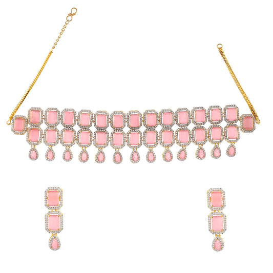 VOYLLA VoyllaSparkling Elegance Opulent Emerald Cut Zircons Gold Plated Jewellery Set