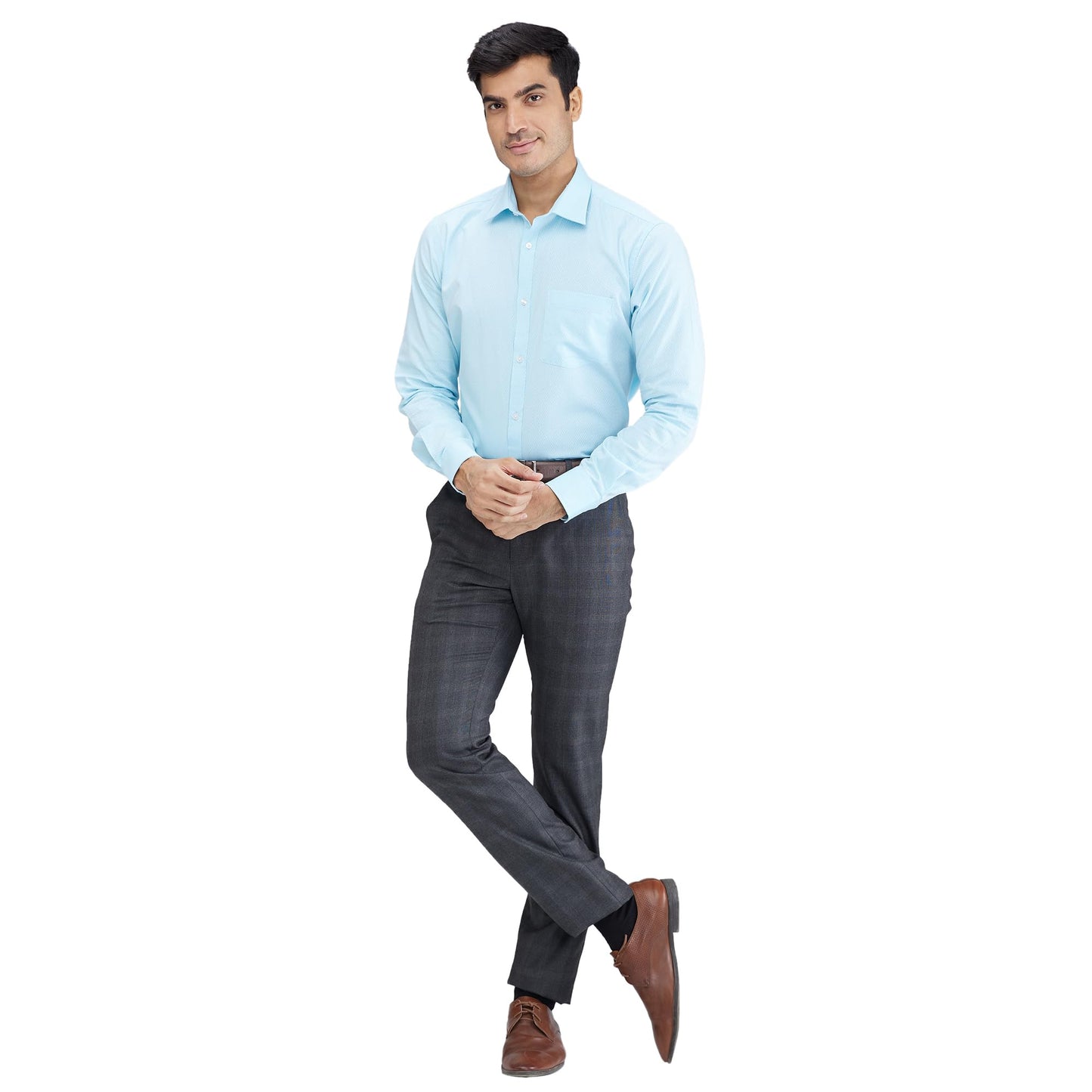 Raymond Men's Slim Fit Formal Trousers, Poly Viscose Blend, Checked Pattern, Flat Front | Dark Grey