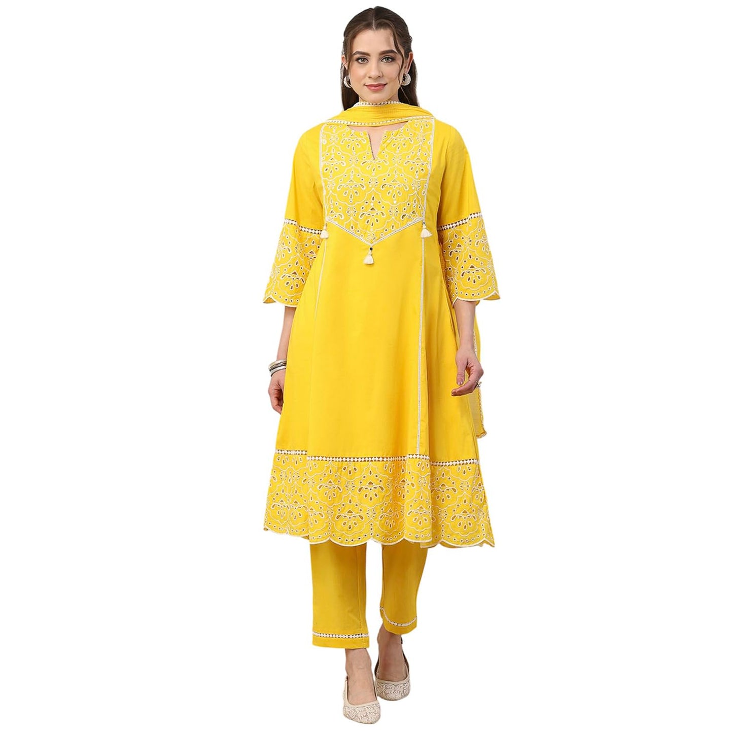 Biba Women Yellow Cotton Kalidar Suit Set_34