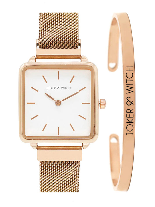 Joker & Witch Stainless Steel Pink Flutter Rosegold Analogue Watch Bracelet Stack for Women, White Dial, Rose Gold Band