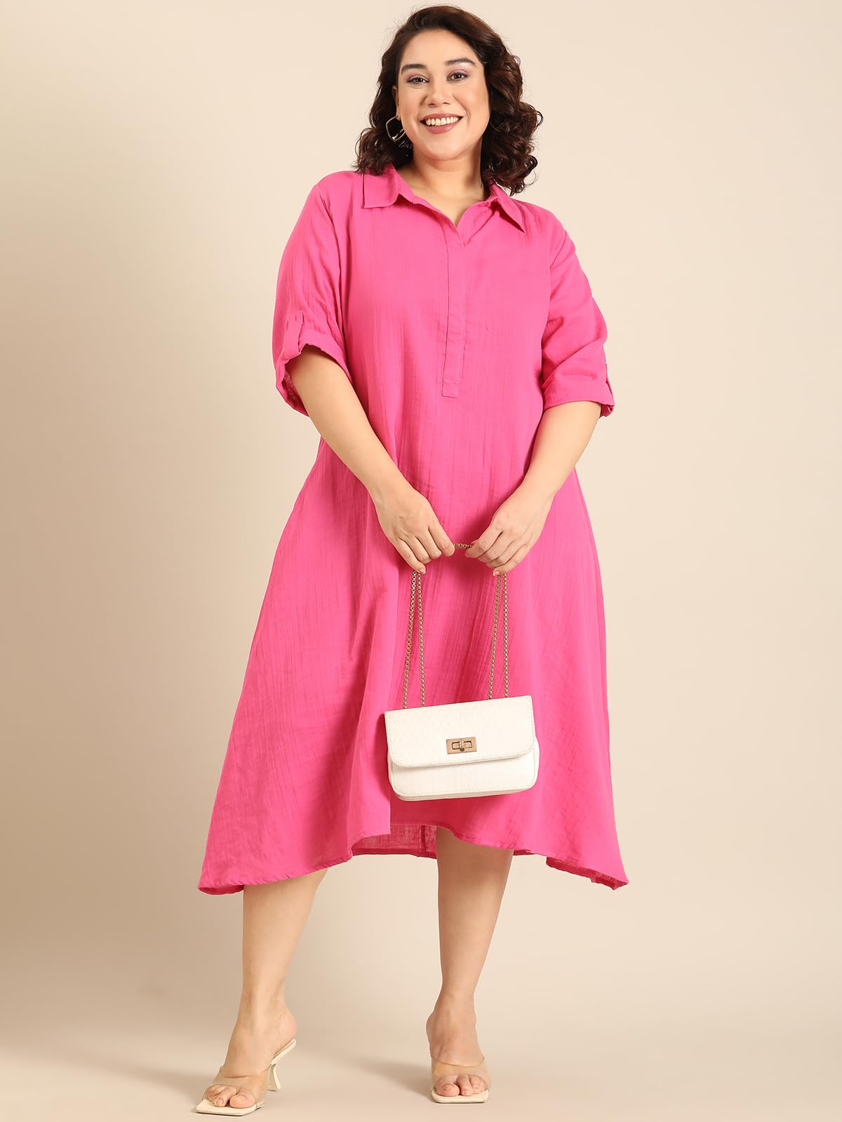 the PINK MOON Women's Plus Pink A-Line Shirt Dress (DRS CH PNKDC 3XL)