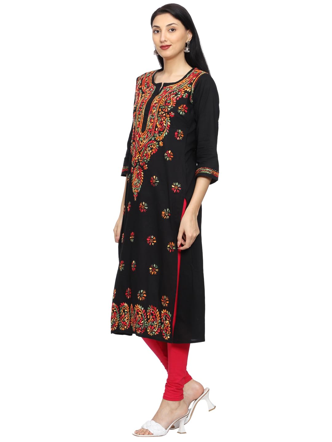 Ada Lucknowi Chikankari Hand Embroidered Straight Cotton Kurta Kurti Tunic for Women A188048 (Medium, Black)