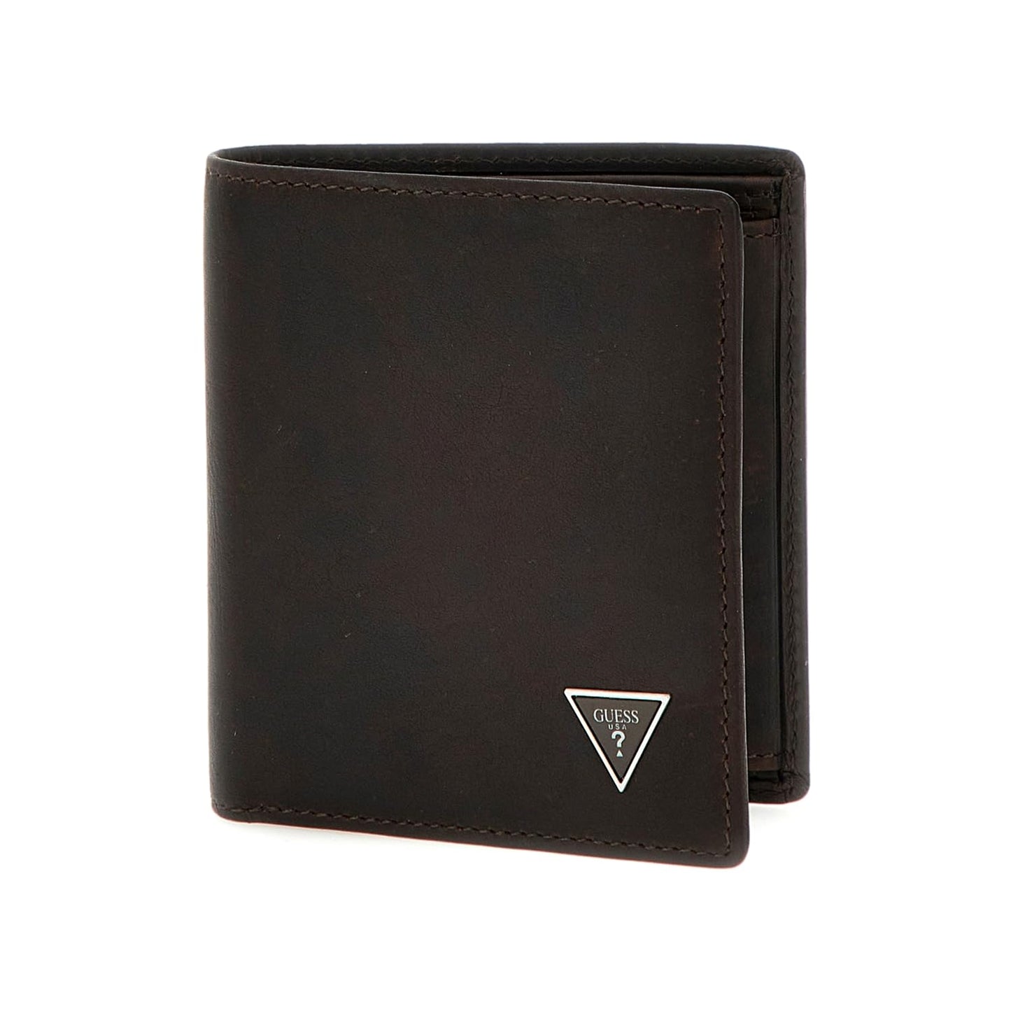 GUESS Brown Solid Leather Roma Bi-Fold Coin Pocket Wallet