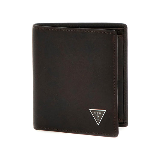 GUESS Brown Solid Leather Roma Bi-Fold Coin Pocket Wallet