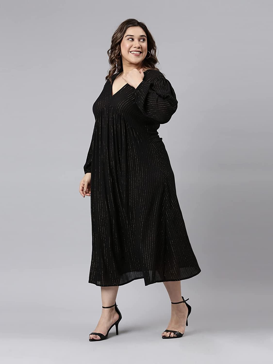 The Pink Moon Women's Maxi Plus Size Lurex Dress - (DRS_100_GOLDLX_Black_3XL)