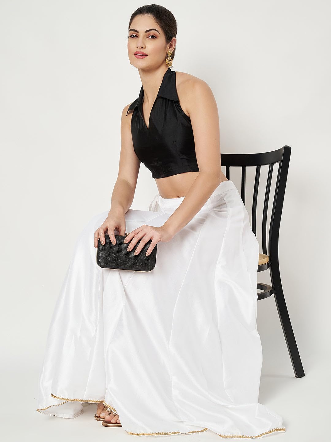 studio rasa Women's Plus Size Silk Blend Stretchable Halter Blouse for Wedding Festive Party (TPWC524BL75-4XL_Black_4XL)