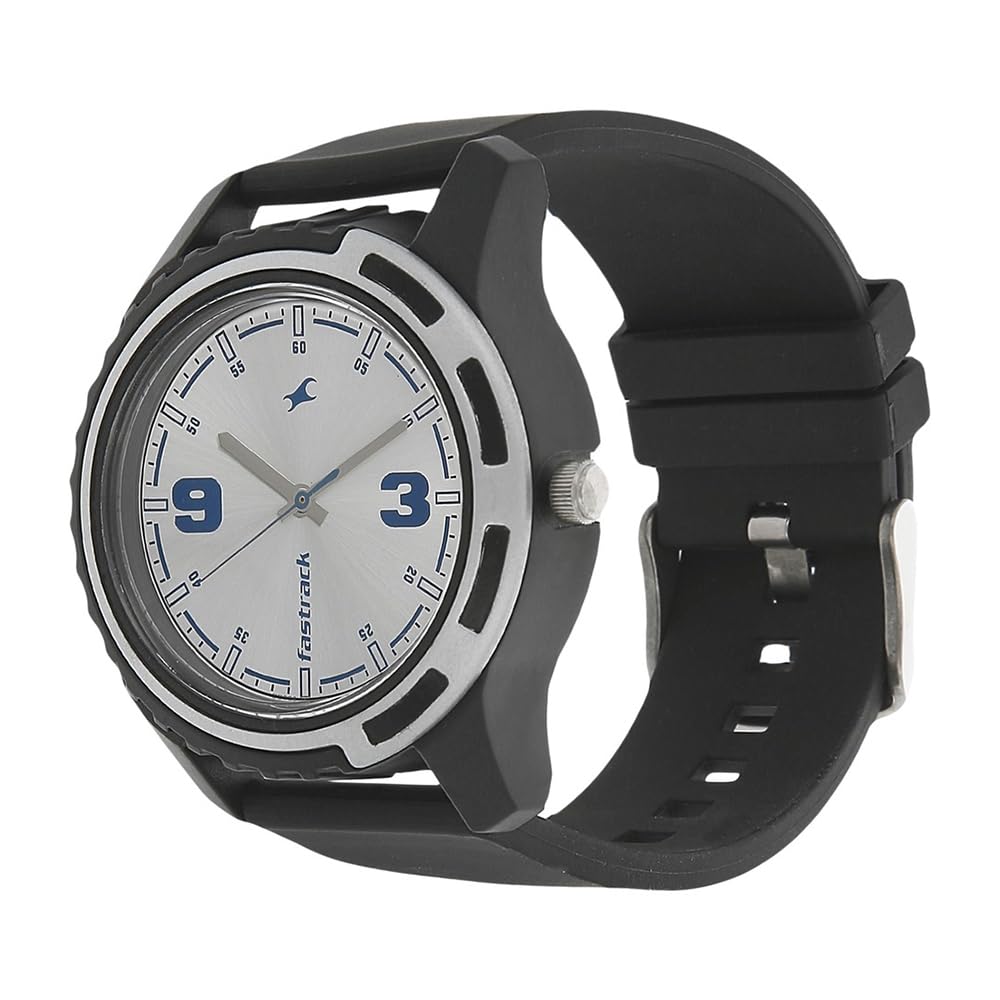 Fastrack Bare Basics Quartz Analog Silver Dial Black Plastic Strap Watch for Guys - NS3114PP02