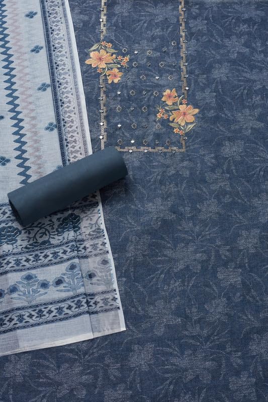 Soch Womens Indigo Linen Floral Unstitch Dress Material With Mirror Work