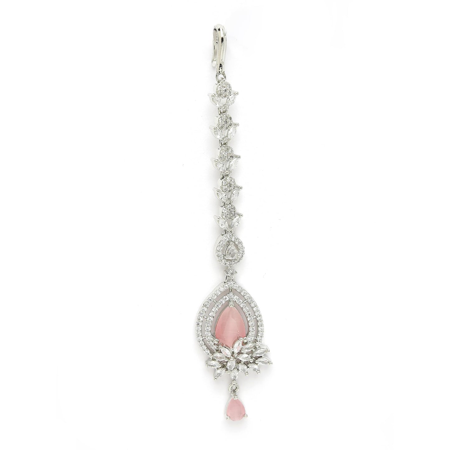 Zeneme Rhodium Plated Designer American Diamonad Tear Drop Crytal Studded Silver Toned Maang Tikka for Women and Gifts for Girls (Pink Constellating Spark Maang Tikka)