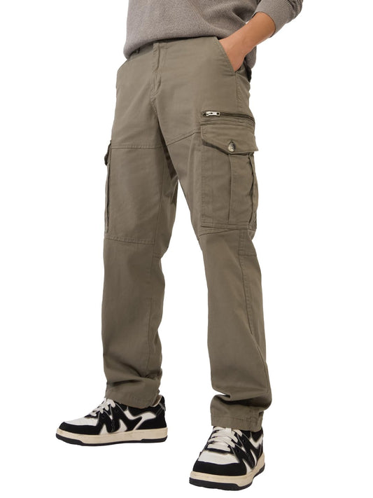 The Souled Store Solids: Hunter Green Men and Boys Straight Fit Cotton Blend Cargo Pants