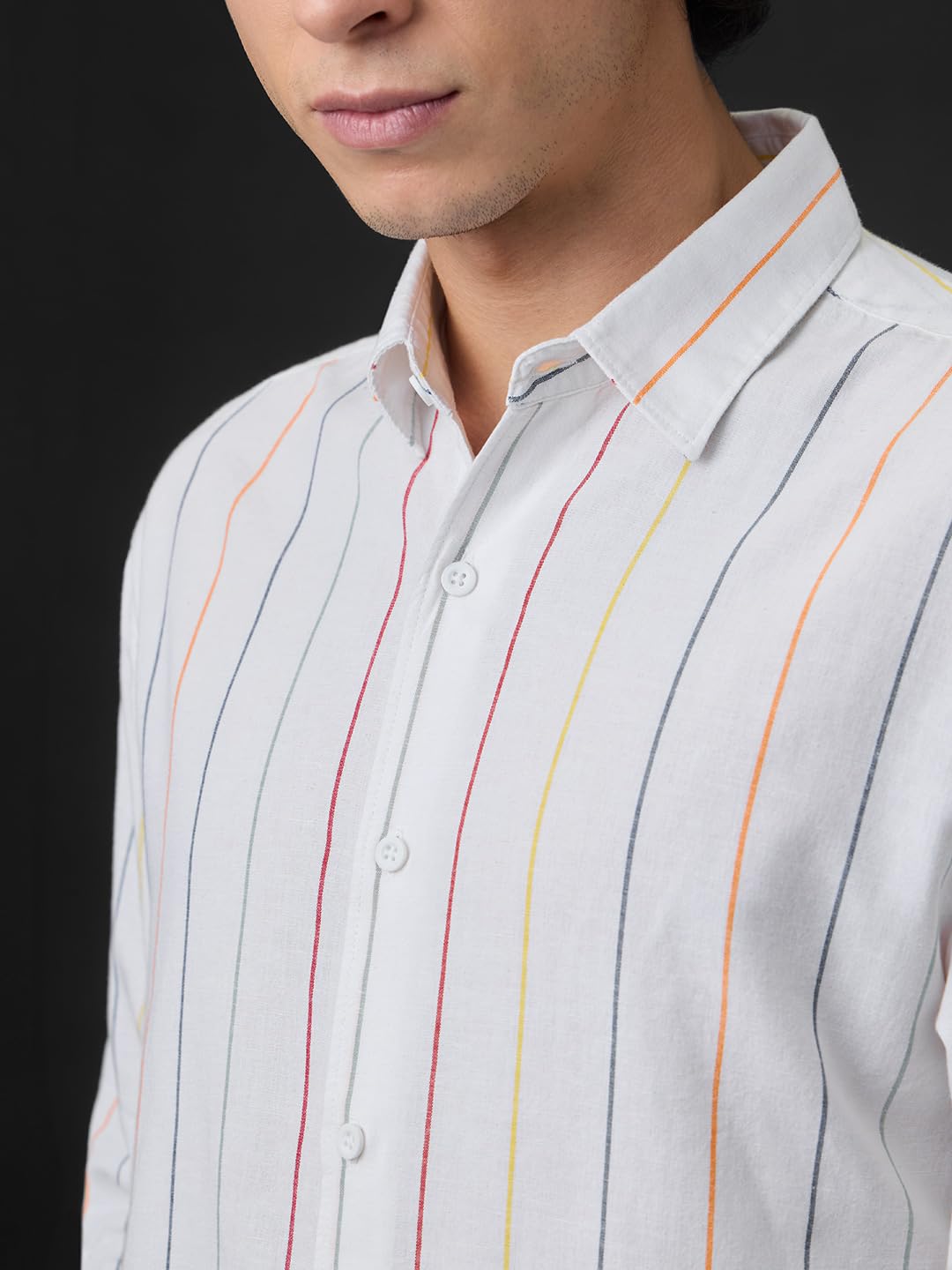 The Souled Store Cotton Linen Stripes: Prisma Men and Boys Long Sleeve Spread Collar White Stripes Regular Fit Casual Everyday Office Wear Lightweight Cotton Linen Shirt