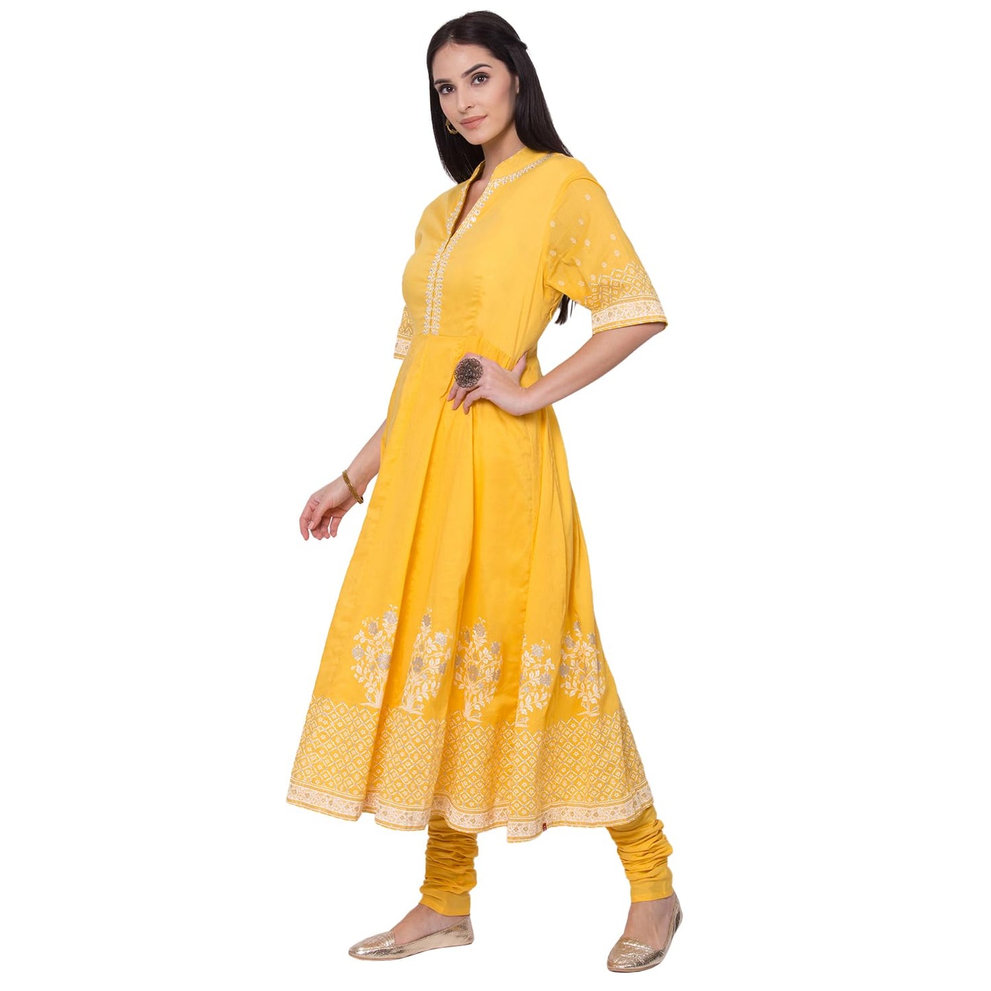 BIBA Women's Cotton Printed Fitted Salwar Kurta Dupatta (Skdassorted5919E_Yellow_38)