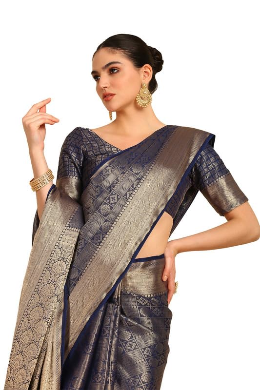 Soch Womens Navy Blue Ethnic Motifs Woven Design Jacquard Weave Silk Blend Saree