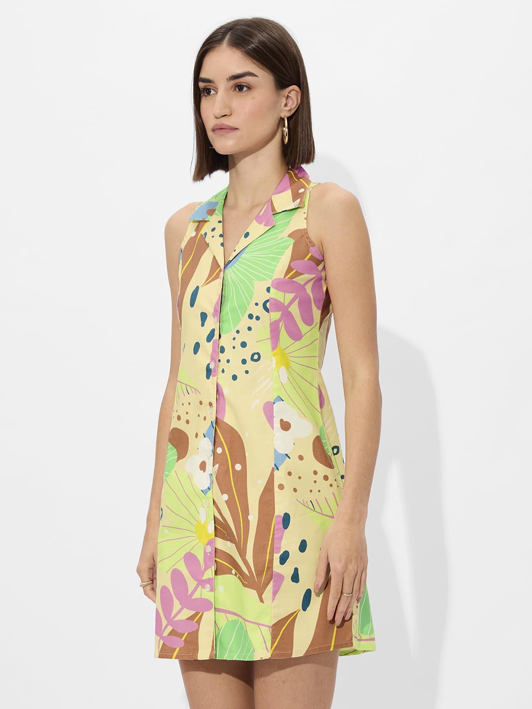 The Souled Store Floral Women and Girls Long Sleeves Collared Neck Button Front Textured Shirt Dress