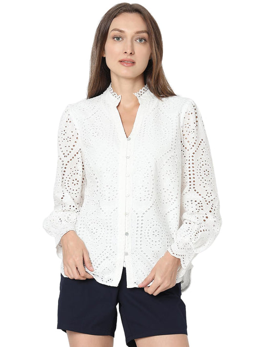 VERO MODA Women Self Design White Cotton Regular Fit Shirt