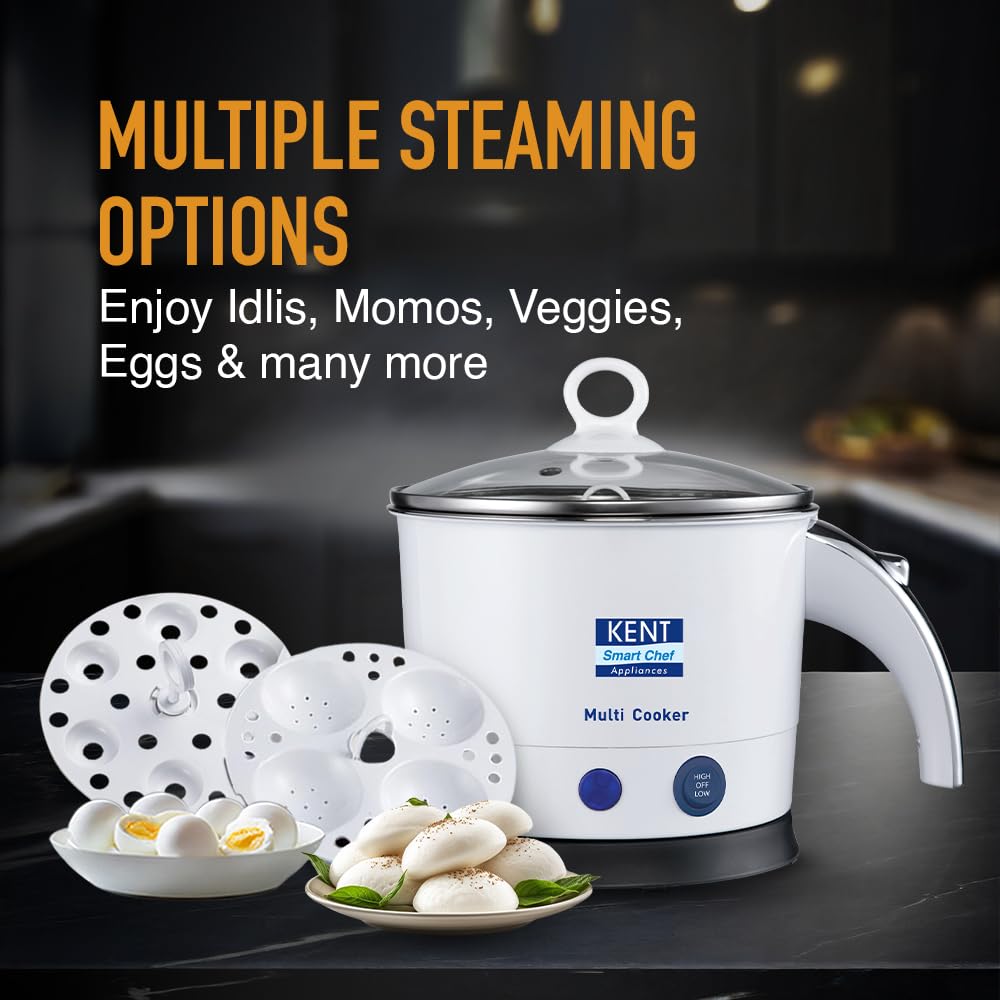 KENT Kettle Multicooker Cum Steamer 1.2 liters 800W| Boiling of Water, Tea,Eggs, Instant Noodle Maker, Steaming idlis, Momos |Inner Stainless Steel without joint and welding & Cool Touch Outer Body