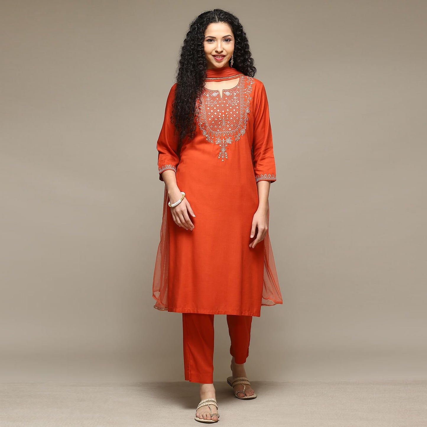 BIBA Women's Rayon Kurta Suit Set (SKDASRTD8492ESS23BUNTORG_Burnt Orange