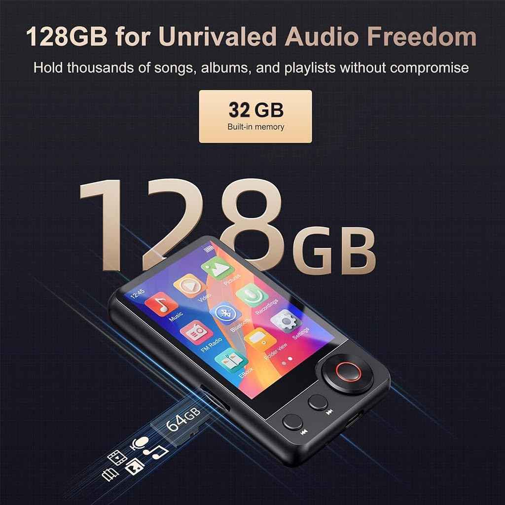 AUDIOCULAR M71 MP3 Music Player with Bluetooth 5.3, HiFi Speaker, 2.4” Touch Screen, 32GB Storage (Up to 128GB), Dual Audio Jack, Type-C Port, Video Playback, E-Book, Alarm, FM Radio etc. (32GB-Black)