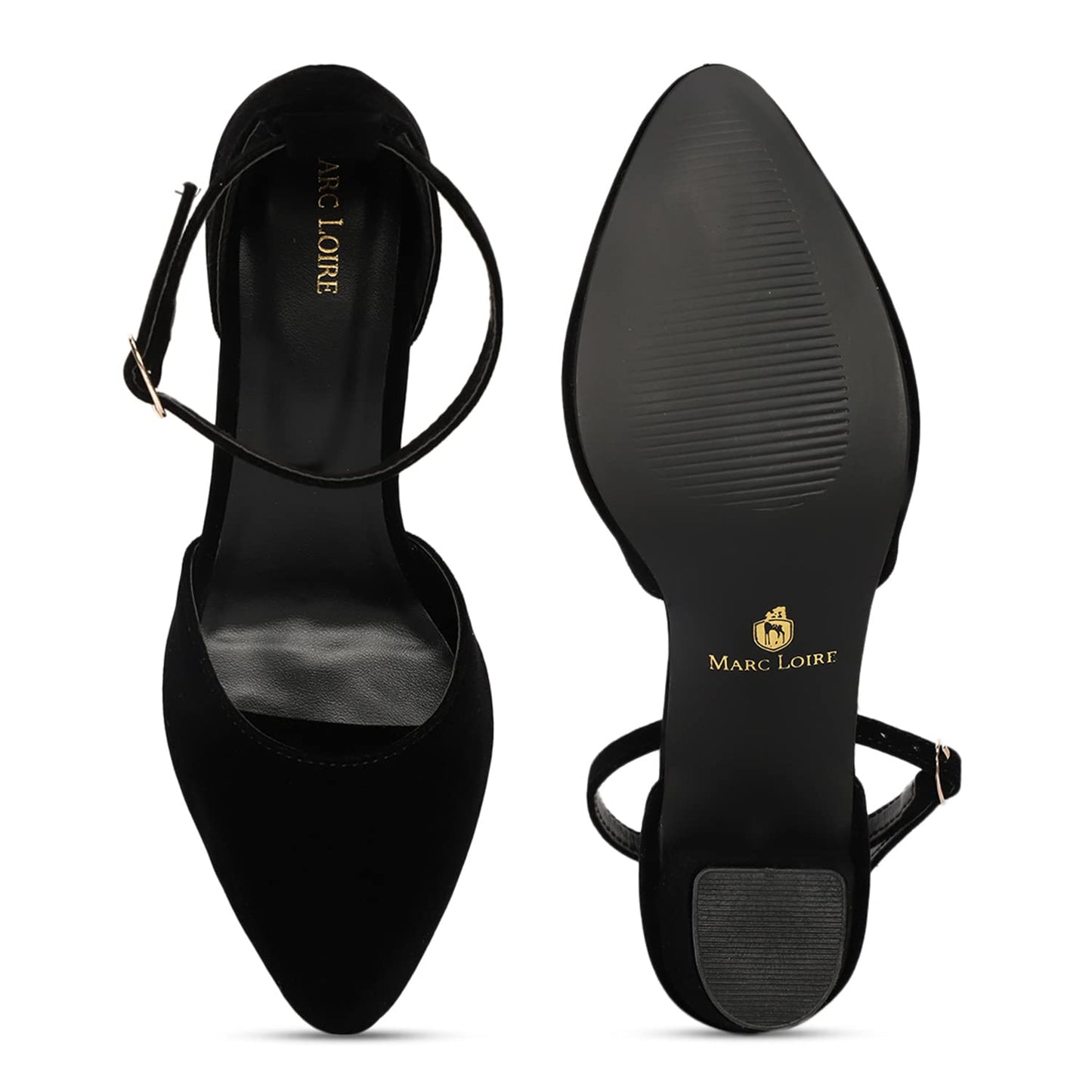 Marc Loire Women’s Pointed Toe Block Heel Fashion Sandals with Buckled Ankle Strap (Black, numeric_6)